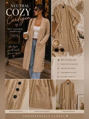 Ceny Open Front Textured Cardigan Sweater – Beige Neutral Cozy Chic Size M